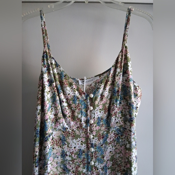 Ditsy Floral Faux Pearl Button Front Tiered Midi Dress Adjustable Straps L - Picture 4 of 8